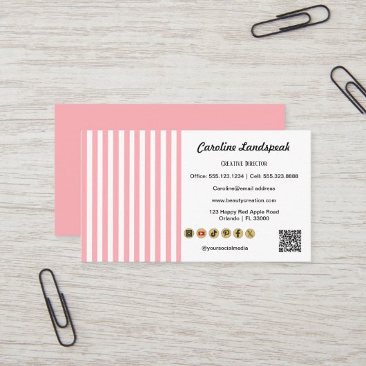 Light Pink White Stripes QR Code Social Media Icon Visitenkarte (Vorderseite/Rückseite Beispiel)