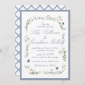Light Powder Blue Romantic Floral Frame Wedding Einladung (Vorne/Hinten)