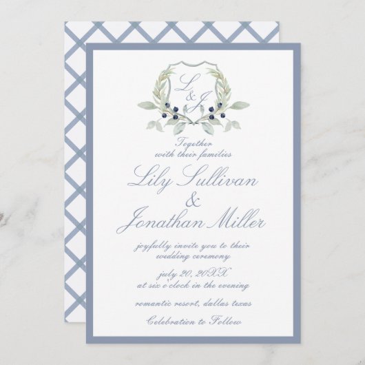 Light Powder Blue Romantic Monogram Wappen Wedding Einladung (Vorne/Hinten)