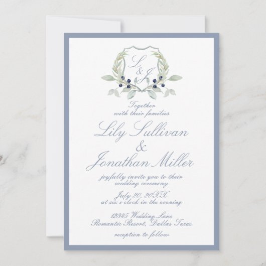 Light Powder Blue Romantic Monogram Wappen Wedding Einladung (Vorderseite)