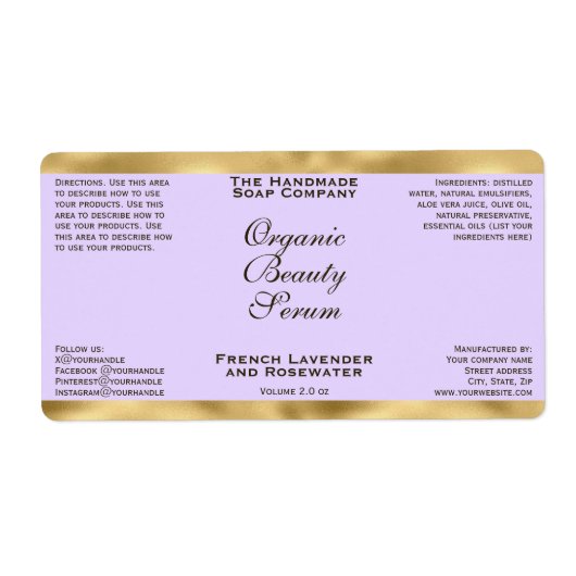 Light Purple & Gold Cosmetics Dropper Bottle Label (Vorne)