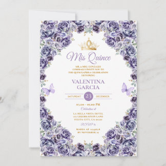 Light Purple Quinceañera 15 Anos Floral Gold Crown Einladung
