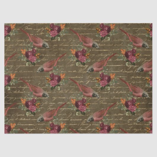 Light Red Birds and Blume on Brown Decoupage Seidenpapier (Vorderseite)