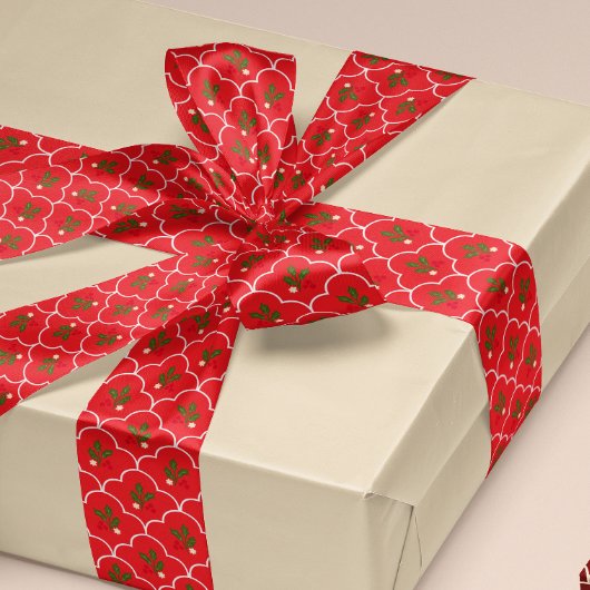 Light Red Scallop Holly Branly Berries Weihnachten Satinband