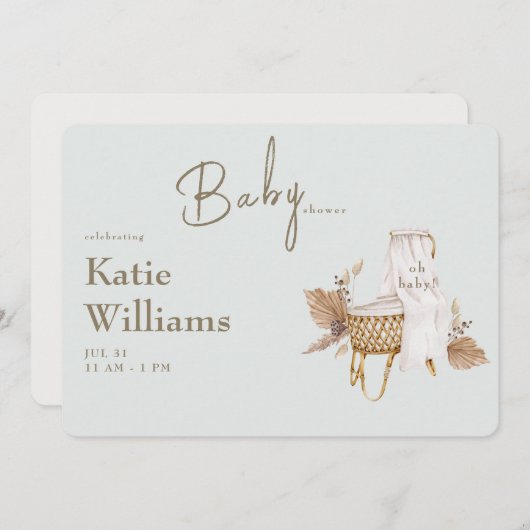 Light Sage Baby Dusche Bassinet Boho Einladung (Vorne/Hinten)