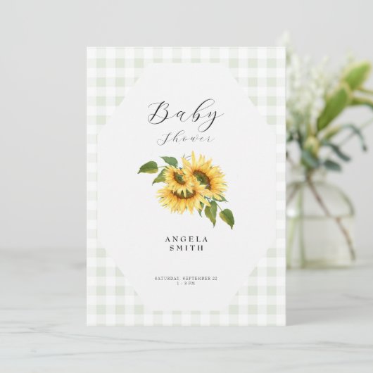Light Sage Gingham Sunflower Generic Baby Dusche Einladung (Stehend Vorderseite)