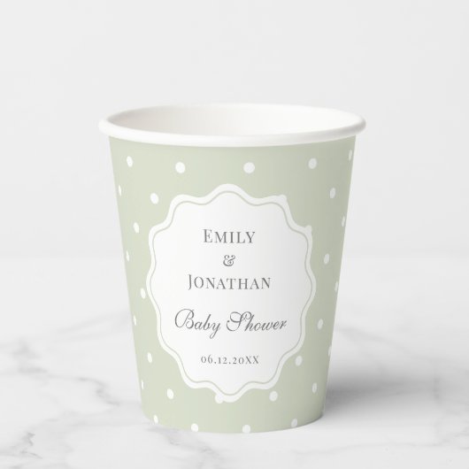Light Sage Green and White Polka Dots Baby Shower Pappbecher (Vorderseite)