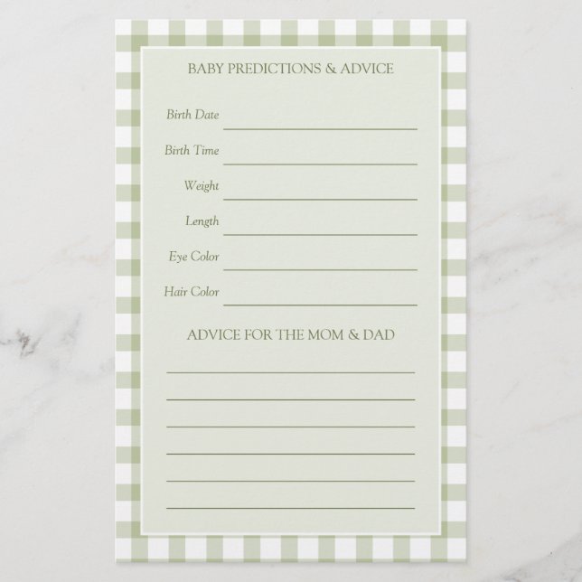 Light Sage Green Gingham Baby Shower Guessing Game (Vorderseite)