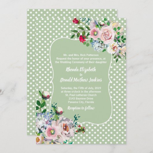 Light Sage mit White Dots und Blume Hochzeit Einladung (Vorne/Hinten)