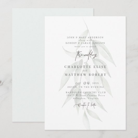 Light Sage Mute Foliage Moderne Hochzeit Einladung (Vorne/Hinten)