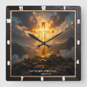 Light Salvation Cross Mountain Golden John 8:12 Quadratische Wanduhr (Vorderseite)