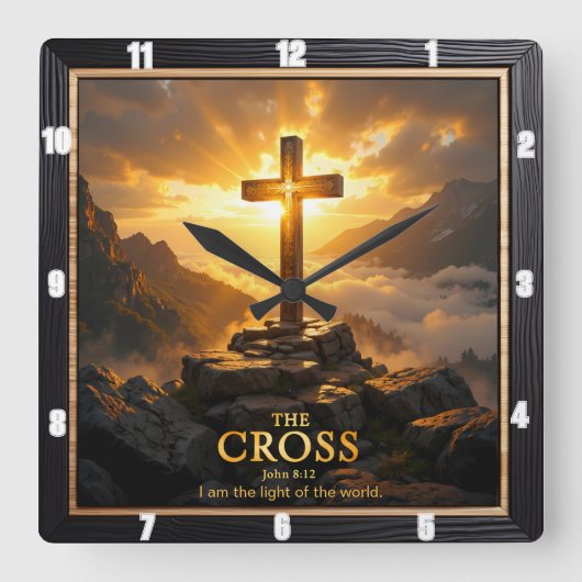 Light Salvation Cross Mountain Wooden Fog John 8:1 Quadratische Wanduhr (Vorderseite)