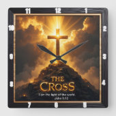 Light Salvation Cross Mountain Wooden World John 8 Quadratische Wanduhr (Vorderseite)