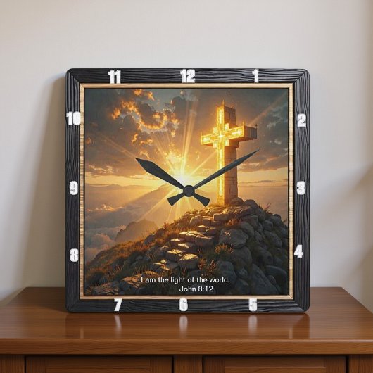 Light Salvation Cross Ornate Mountain Stairs Quadratische Wanduhr