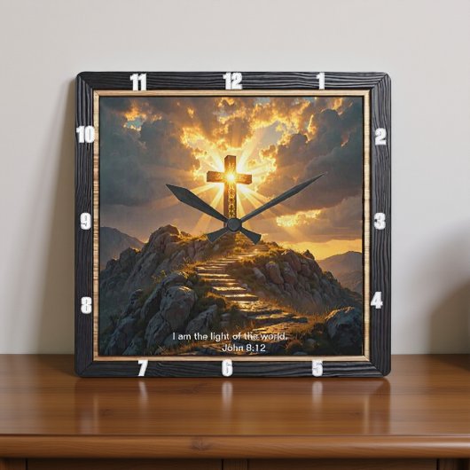 Light Salvation Cross Stairway Mountain John 8:12 Quadratische Wanduhr
