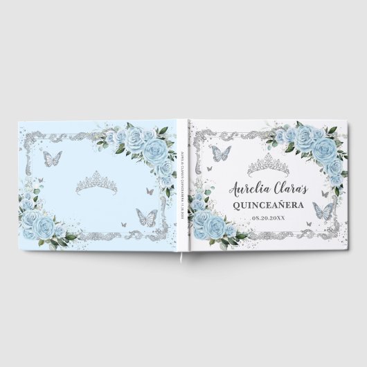 Light Sky Blue Floral Butterfells Quinceañera Gästebuch (Voll)