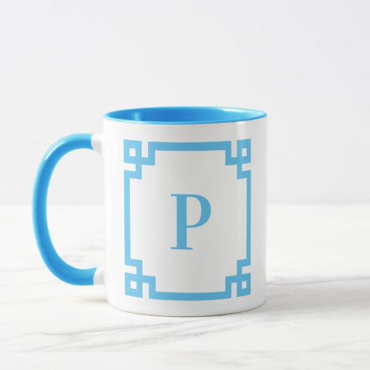 Light Sky Blue Greece Key Border Monogram Tasse (Links)
