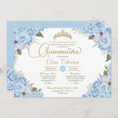 Light Sky Blue Rosen Floral Gold Tiara Quinceanera Einladung (Vorne/Hinten)