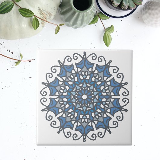 Light Steel Blue Elegant Doily Mandala On White Fliese