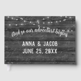 Light String On Gray Dark Wood Wedding Guest Book Gästebuch