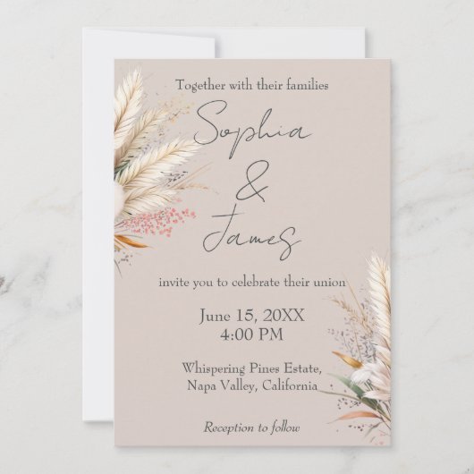 Light Taupe Boho Pampas Grass Wedding Einladung (Vorderseite)