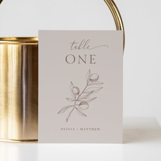 Light Taupe Olive Wedding | Elegant Minimalistisch Tischnummer