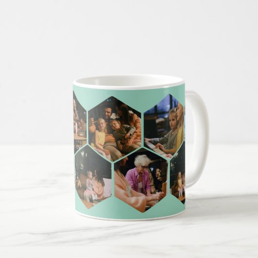 Light Teal Geometric Hexagon Photo Collage  Kaffeetasse (VorderseiteRechts)