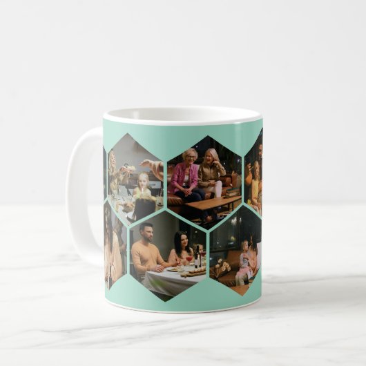 Light Teal Geometric Hexagon Photo Collage  Kaffeetasse (Vorderseite Links)