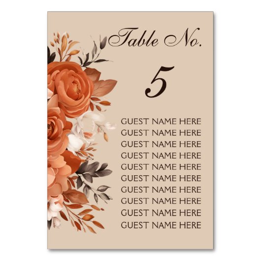 Light Terracotta and Burnt Orange Wedding Tischnummer (Vorderseite)
