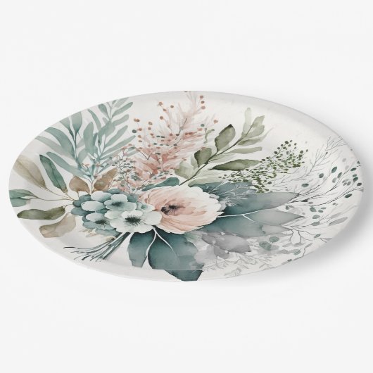 Light Terracotta and Sage Green Peonies Wedding Pappteller (Schrägansicht)