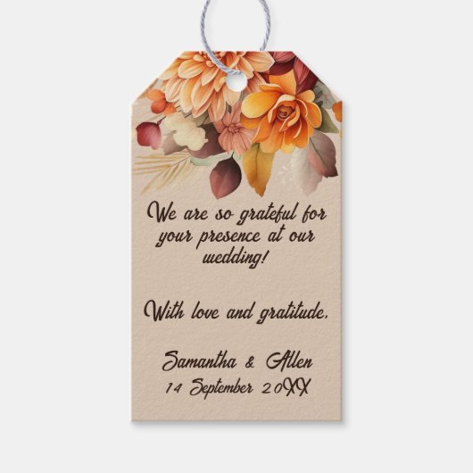 Light Terracotta Fall Floral Gastgeschenk Hochzeit Geschenkanhänger (Vorderseite)