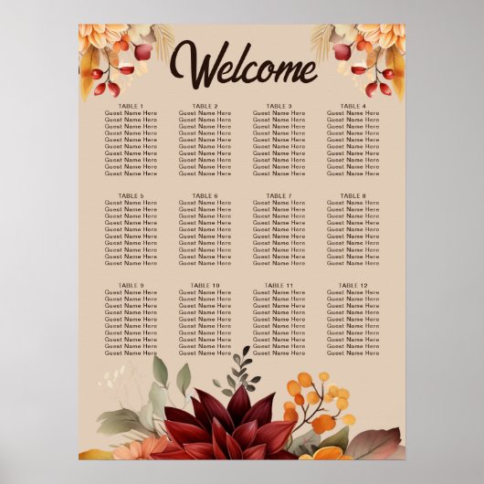 Light Terracotta Fall Floral Wedding Chart Poster (Vorne)