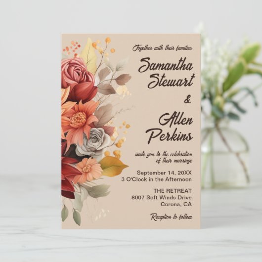 Light Terracotta Fall Floral Wedding Einladung (Stehend Vorderseite)