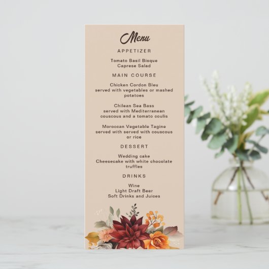 Light Terracotta Fall Floral Wedding Menu (Stehend Vorderseite)