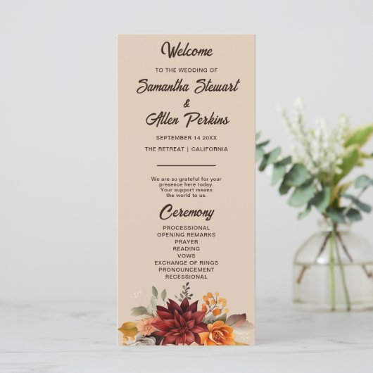 Light Terracotta Fall Floral Wedding Programm (Stehend Vorderseite)