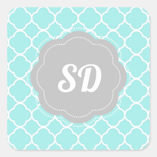 Light Türkise Quatrefolie Custom Monogram Quadratischer Aufkleber (Vorderseite)
