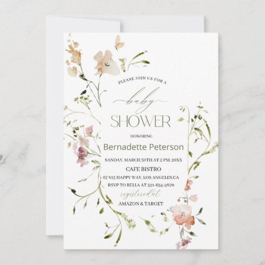 Light Watercolor Wildblumen Babydusche Einladung (Vorderseite)