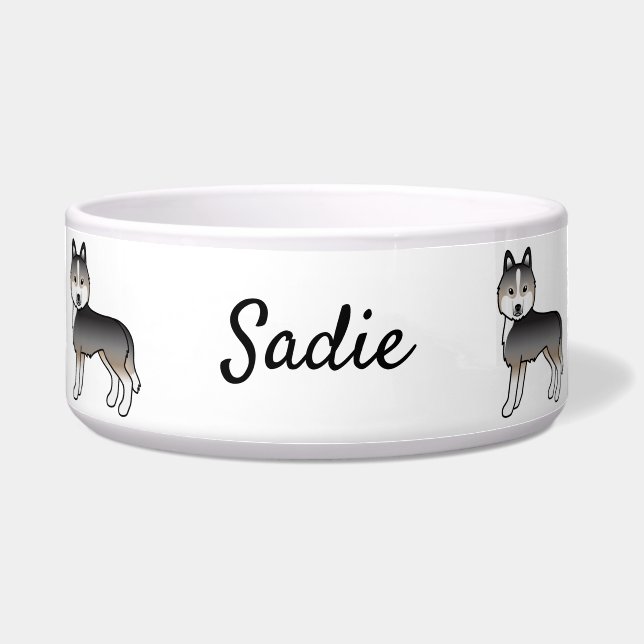 Light Wolf Gray Siberian Husky Cartoon Dog & Name Napf (Vorderseite)