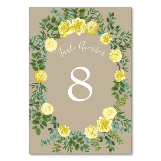 Light Yellow Khaki Ecru Rose Floral Wedding Tischnummer (Rückseite)