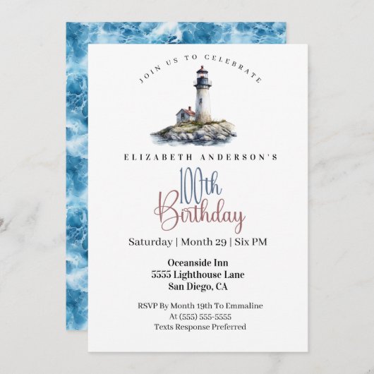 Lighthouse 100th Birthday Einladung (Vorne/Hinten)