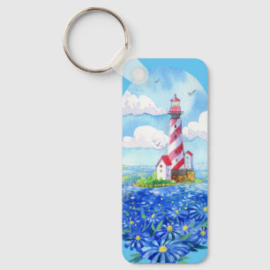 Lighthouse and Blue Daisies Floral Art Schlüsselanhänger