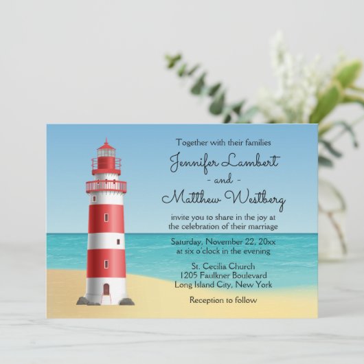 Lighthouse Beach Blue Nautical Wedding Einladung (Stehend Vorderseite)
