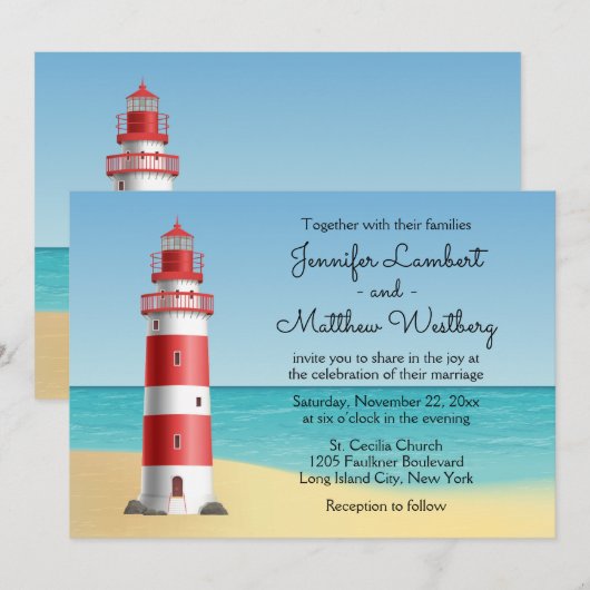 Lighthouse Beach Blue Nautical Wedding Einladung (Vorne/Hinten)