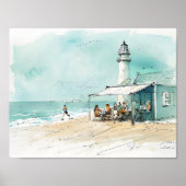 Lighthouse Beach Café – Nautical Sketch Watercolor Poster (Vorne)