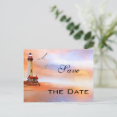 Lighthouse Beach Save the Date Postcard Ankündigungspostkarte (Stehend Vorderseite)