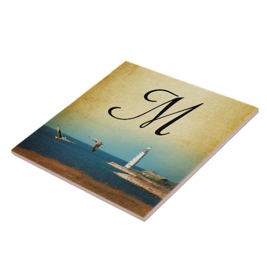 Lighthouse Beach Scene Monogram Display Tile Fliese (Seite)