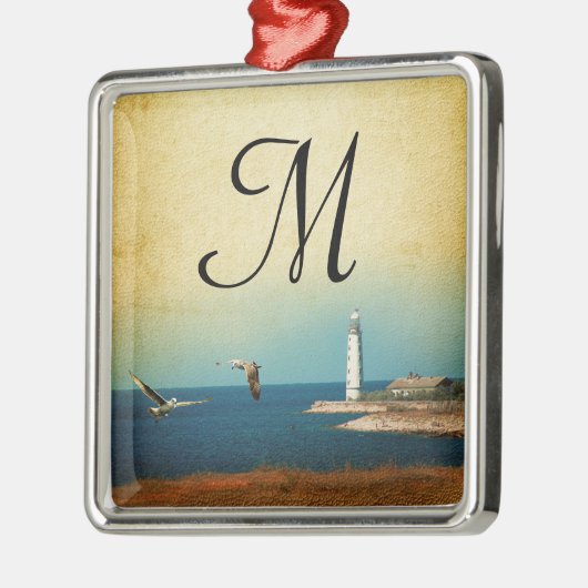 Lighthouse Beach Scene Monogram Initial Ornament (Links)