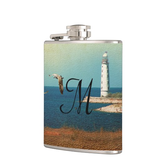 Lighthouse Beach Scene Monogram Whiskey Flask Flachmann (Links)