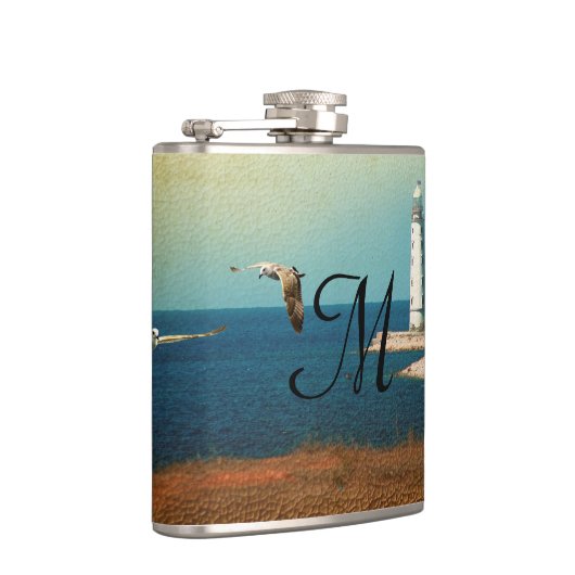 Lighthouse Beach Scene Monogram Whiskey Flask Flachmann (Rechts)