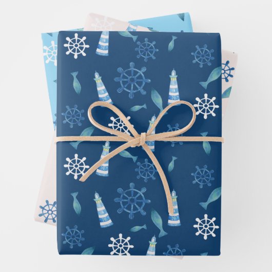 Lighthouse Beach Wasserfarbe Handgestrichen Außenb Geschenkpapier Set (Beispiel)